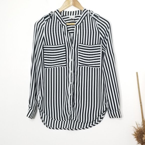 Dynamite Black White Striped Roll Tab Sleeve Pocket Business Casual Business XXS - Picture 1 of 7